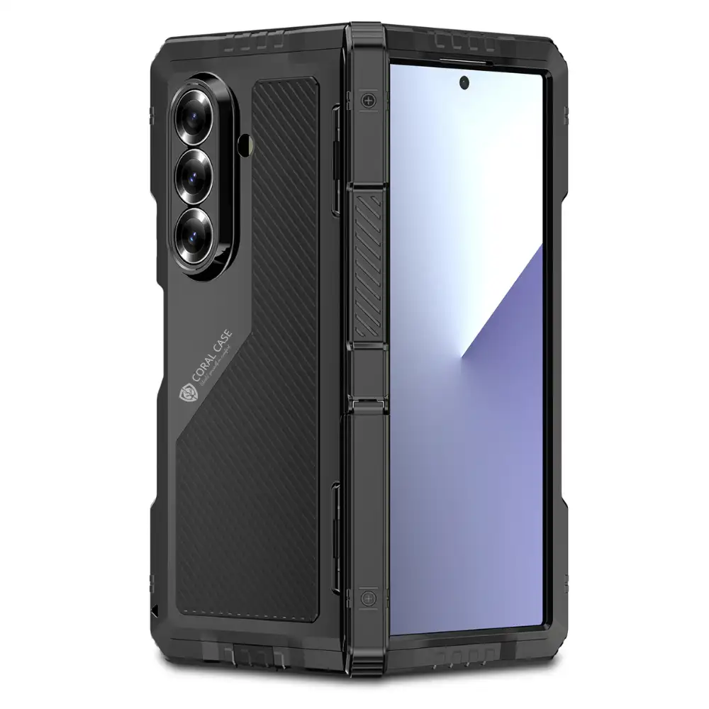 Galaxy Z Fold7 Heavy Duty Metal Phone Case Full Body Shockproof with Built in Hidden S Pen Holder & Kickstand CORAL CASE