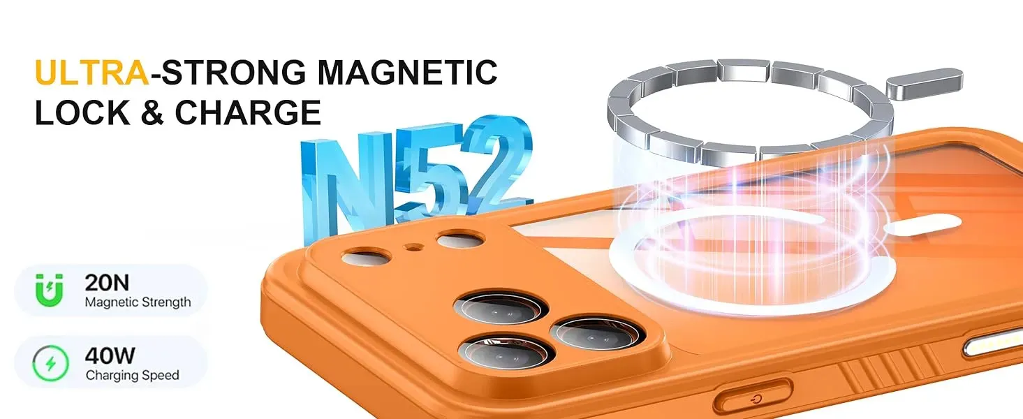 iPhone 17 por max orange case ultra storng magnetic lock and charge